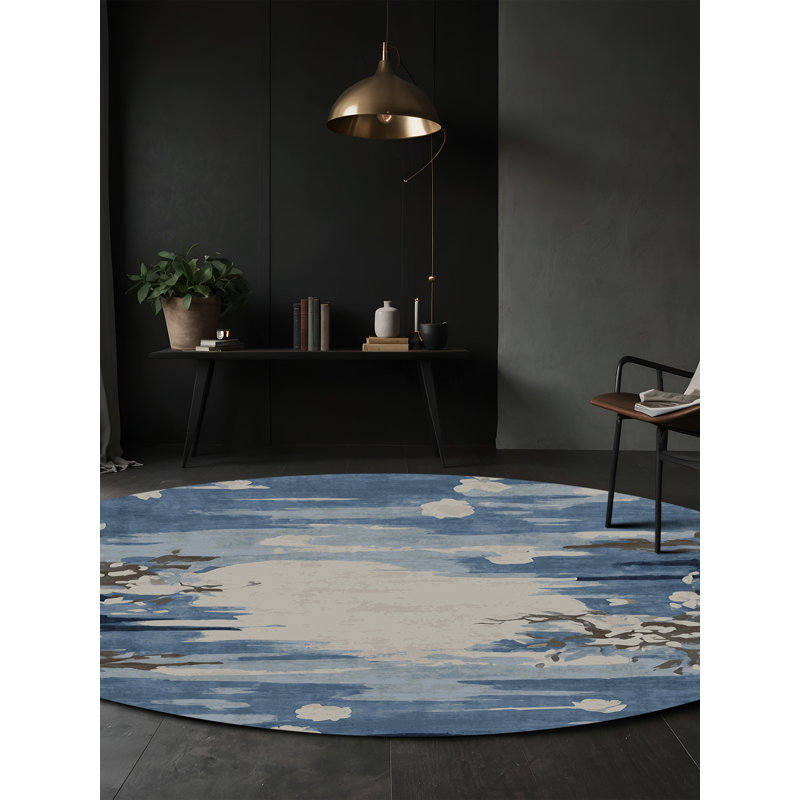 Machine Washable Blue Area Rug, Round 3'