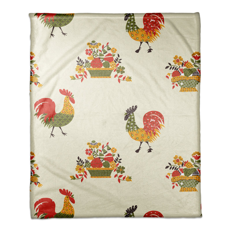 Jeté à motif coq , Rouge / Bleu / Jaune