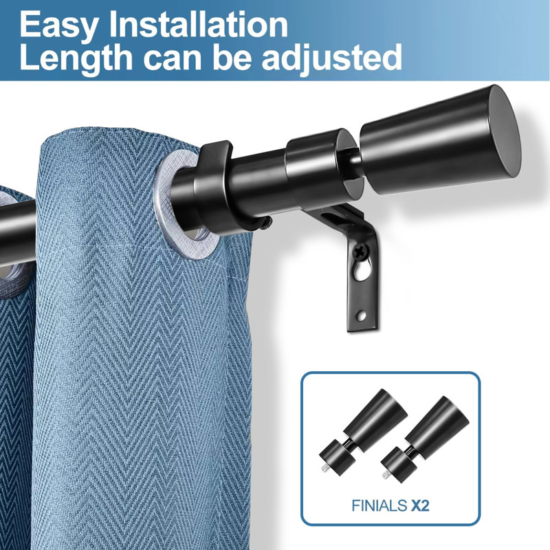 Black Adjustable Steel Single Curtain Rod Set