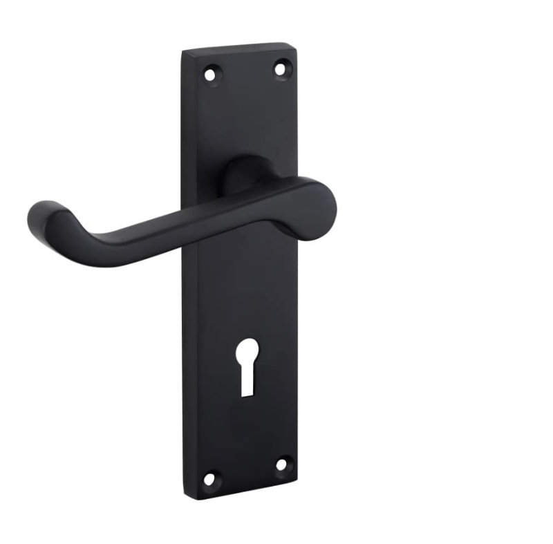  Victorian Scroll Door Handles in Matt Black Finish with Black 3 Lever Lock and Keys - 150mm x 40mm