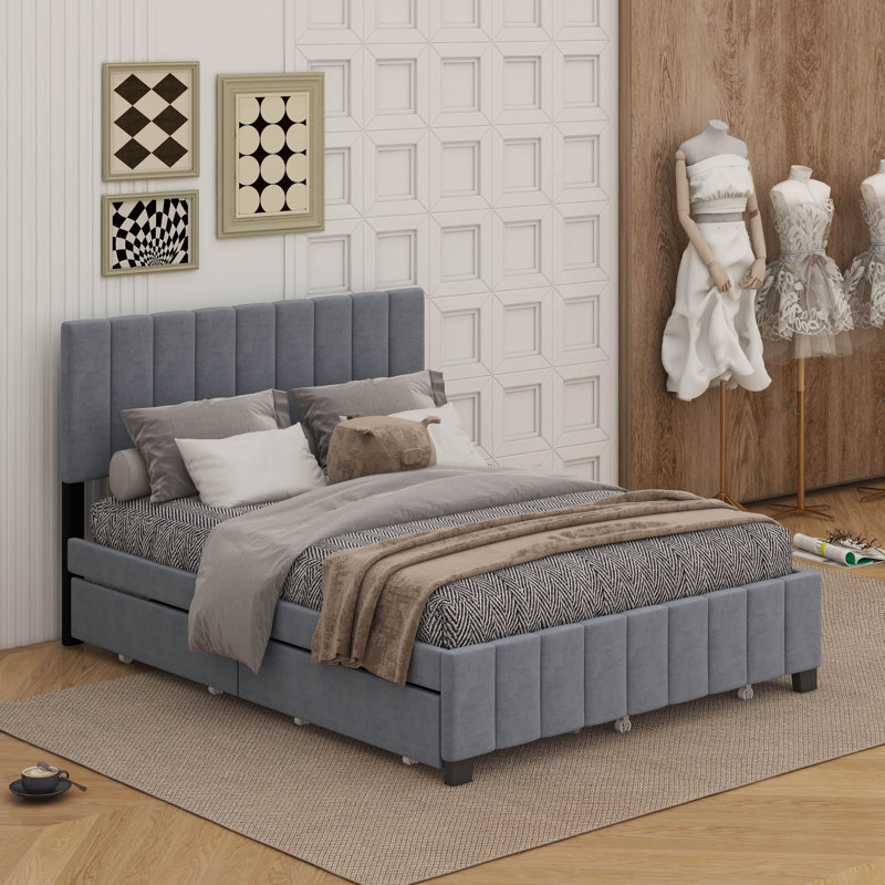 Grand size velvet upholstered platform bed with drawers and trundle, Gris
