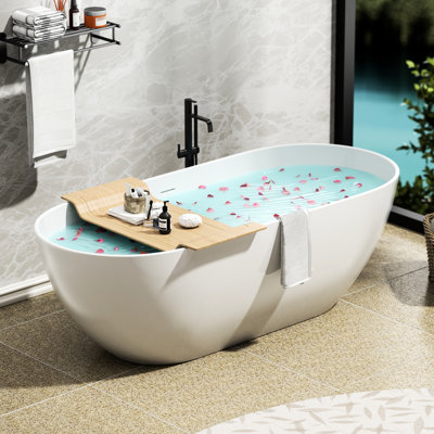 Luxury 63" Freestanding Soaking Bathtub, Matte White, Solid Surface, Engineered Stone, Overflow And Pop-Up Drain, Rapid Water Removal Surface Soaking, Stone Resin, Comfort