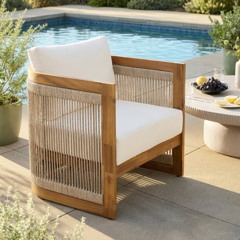 Yahir Patio Acacia Wood & Woven Rope Lounge Chair With Cushions, Beige