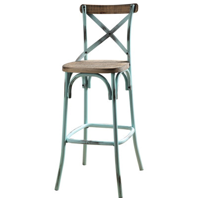 Vintage Bar Stool With Metal Cross Back - Antique Sky Color, Materials, Comfortable Seat, 43.5" Height X 20.5" Depth Oak Inspired And Wood , High 18.5" Wide Deep