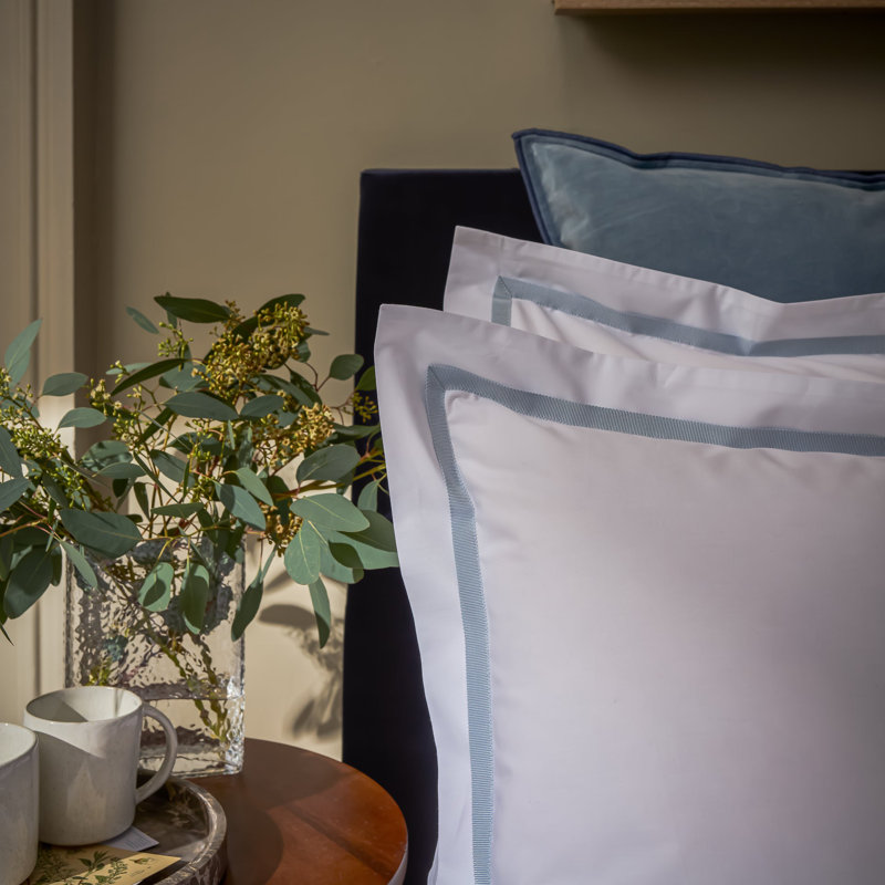 Beaumont Luxury Cotton Percale Pillowcase Pair, White/Pale Blue, Standard Pillowcase