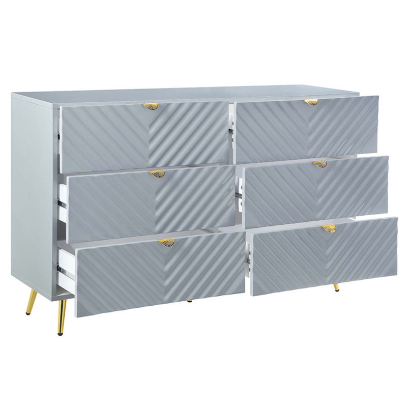 Commode 6 tiroirs Gaines, finition brillante grise, Gris