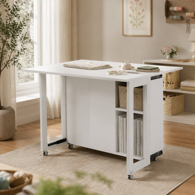 Multi-Functional Side Table with 4 Shelves, Foldable Dining Table for 4, White MDF, for Kitchen and Apartment