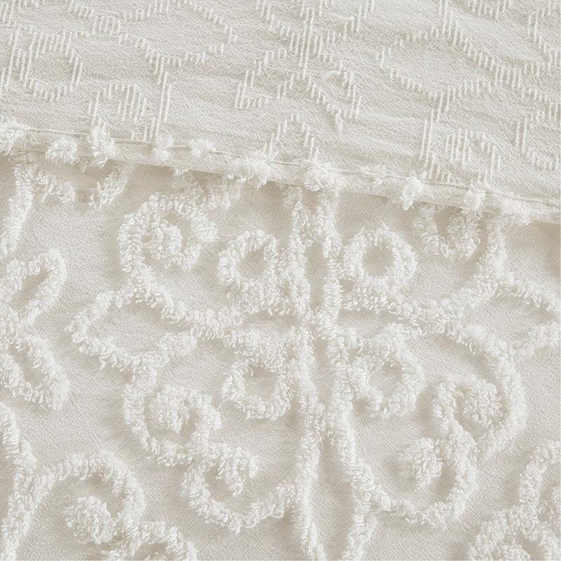 Ensemble de couvre-lit 3 pièces en chenille de coton capitonné blanc cassé, Couvre-lit grand et 2 taies décoratives