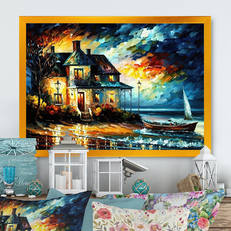 Colorful Beach House III - Art mural sur toile plage / campagne, H 16 po x l 32 po x P 1 po, Cadre doré
