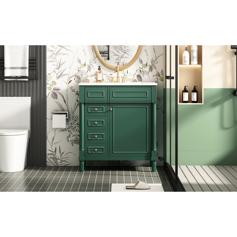 Meuble-lavabo de 30 po avec lavabo, 2 tiroirs, porte, style moderne, tablette ajustable, meuble de rangement autoportant de 30 po, fonctionnement facile, robinet à encastrer de 4 po