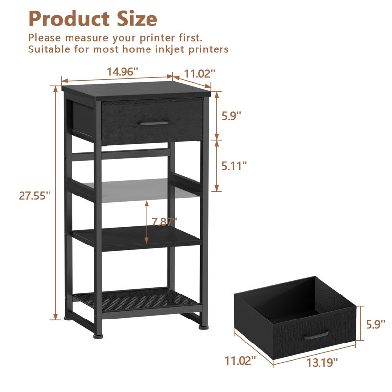 Printer Stand With Storage, Small Rolling Printer Table For Home Office, 3-Tier Printer Cart With Wheels, Modern Industrial Nightstand With Drawer, Side Table