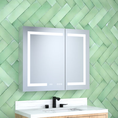36 In. W X 30 H, Rectangular, Silver Aluminum, Medicine Cabinet, Integrated Led, Clock, - Fog Function, Interior Auto Sensing Mirror, Charging Stations,