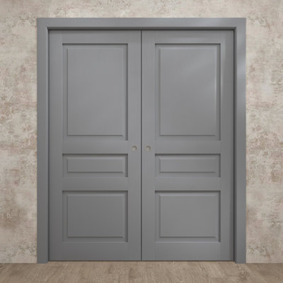 Sliding French Double Pocket Doors 48 x 84 inches Ego 5012 Painted Grey Oak Kit Rail Hardware Solid Wood Interior Bedroom Modern Doors