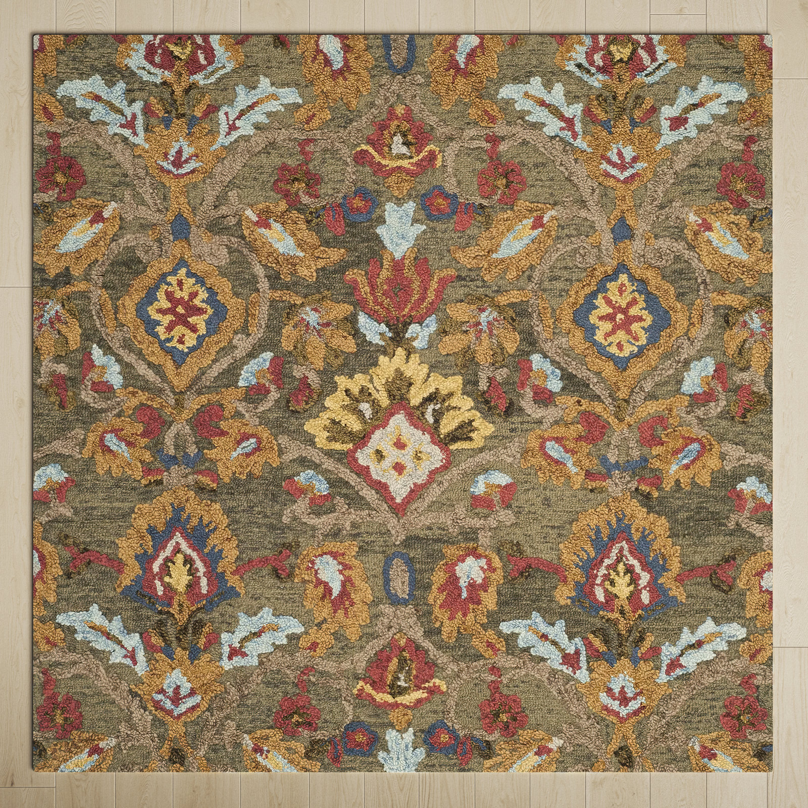 Tansy Green Multi Handmade Wool Floral Rug, Square 10'