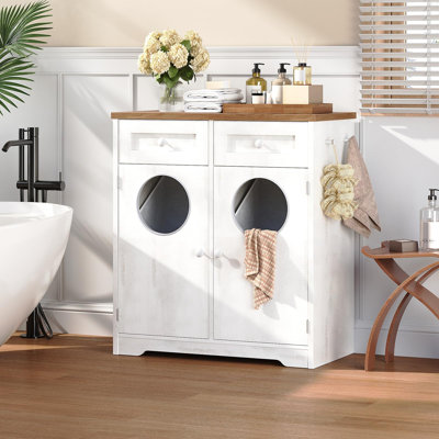 Armoire à linge double, armoire à linge dissimulée avec 2 tiroirs et 2 paniers, panier à linge de salle de bain de style ferme de 20 gallons avec 2 trous pour jeter les vêtements, (blanc et noyer foncé)