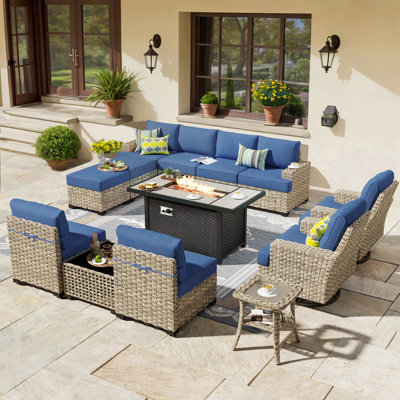 14- Person Rattan Outdoor Seating Group With Swivel Rockers and Fire Pit Table by Latitude Run