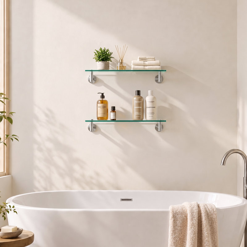 20-Inch Rectangular Bathroom Glass Shelf Glass With Rustproof Metal Bracket 2 Pack Brushed Finish