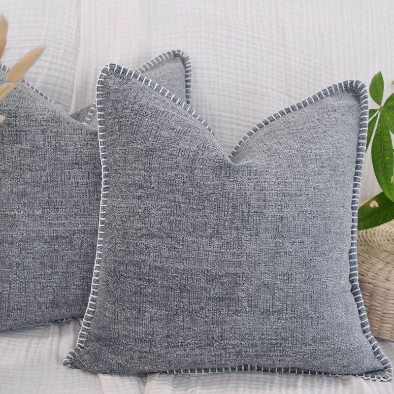 Heather Gray Chenille 16" x 16" Throw Pillow Covers with Stitched Edge (Set of 2)