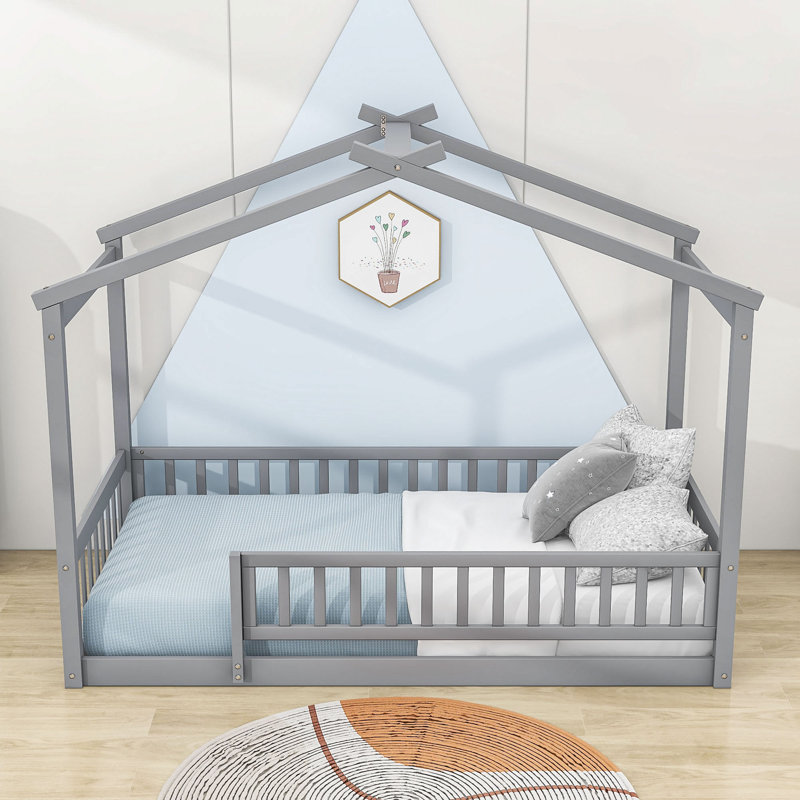 Hayti Wooden Platform Bed with Fence and Slats, Full, Gray
