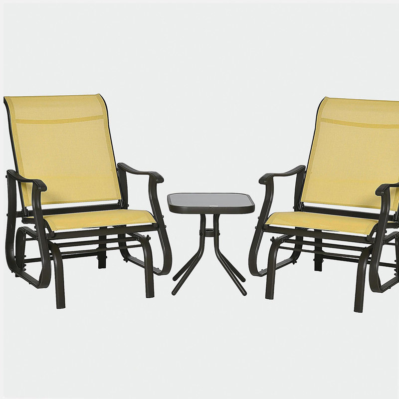 Outsunny 3-Piece Outdoor Gliders Set Bistro Set with Steel Frame, Tempered Glass Top Table for Patio, Garden, Backyard, Lawn, Beige