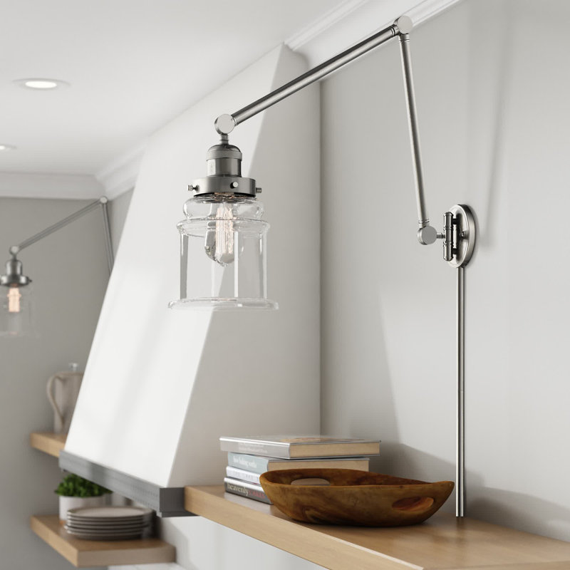 Galaviz Swing Arm Sconce, Clear, 3.5 Watt Vintage LED Bulb, Brushed Brass
