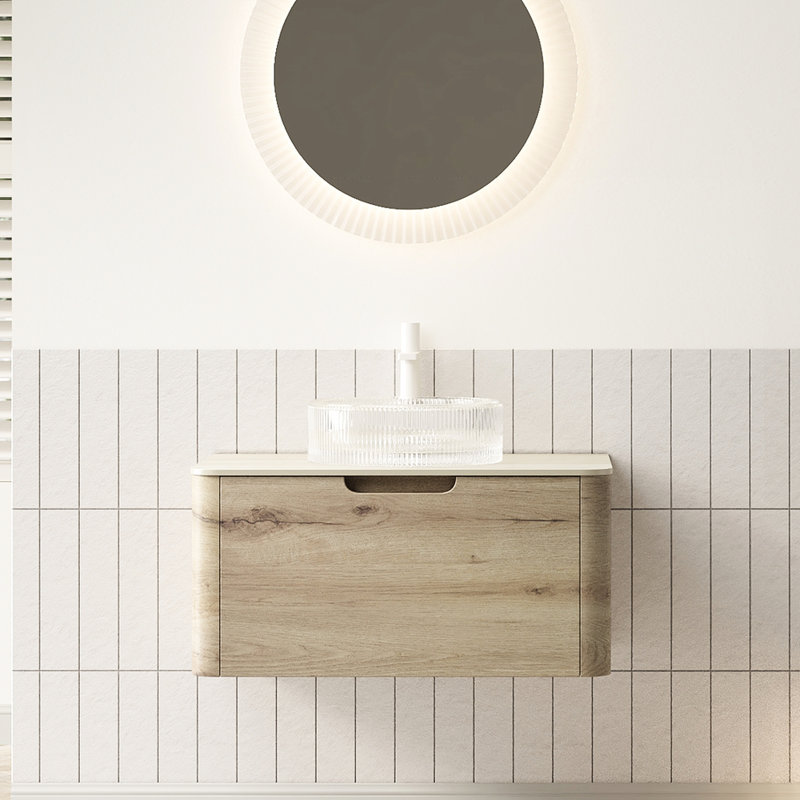 Meuble-lavabo rond transparent en verre transparent de 30 po avec comptoir en pierre frittée à motif, armoire en contreplaqué avec tiroir, chêne blanc, système de fermeture en douceur, configuration de meuble-lavabo rapide et lisse, plateau, flottant