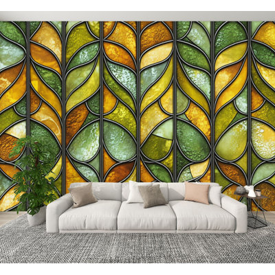 Peel and Stick Wallpaper Stained glass seamless texture leaf for window colored glass Wall Murals 100"H x 144"W Removable PVC Wall Paper Self-Adhesive Wall Decor for Bedroom Living Room Home Office