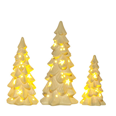 Xmas 3-Piece White Ceramic Christmas Tree LED Light Set With Moon & Star Hollow Design