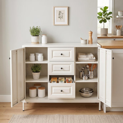 Buffet 47 po en métal ivoire avec 4 tiroirs et 2 portes