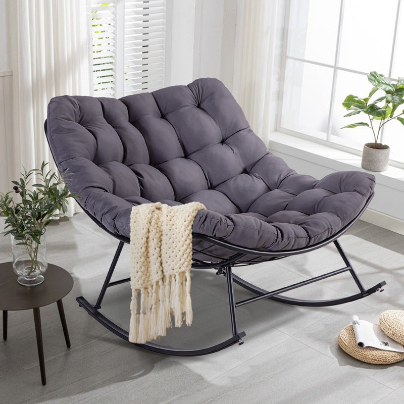 Chaises berçantes d'extérieur avec coussins et repose-pieds, Gris