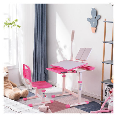 Ensemble de bureau et de chaise Modern Kids avec hauteur réglable, table d'étude rose et blanche pour enfants