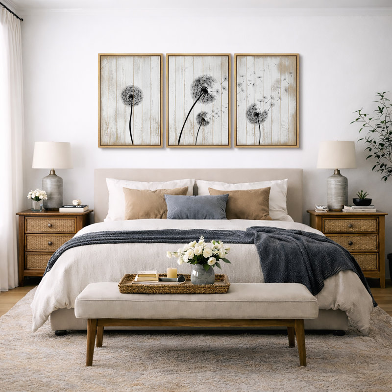 Blowing Dandelion On Wood Effect Background Artwork, Modern Rustic Farmhouse Wall Pictures, Framed Canvas Giclée Print 3 Pieces Wall Art" 16"x24"x3 pcs, 24"x36"x3 pcs