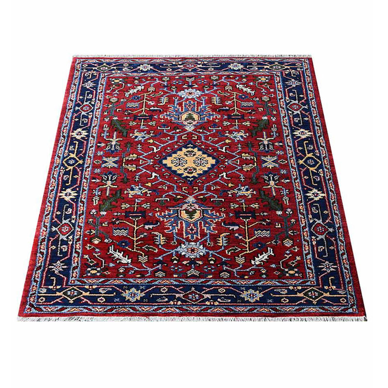Red Blue Silk and Wool Handmade Oriental Area Rug, Hand Knotted, Rectangle Shape, Rectangle 3' x 5'