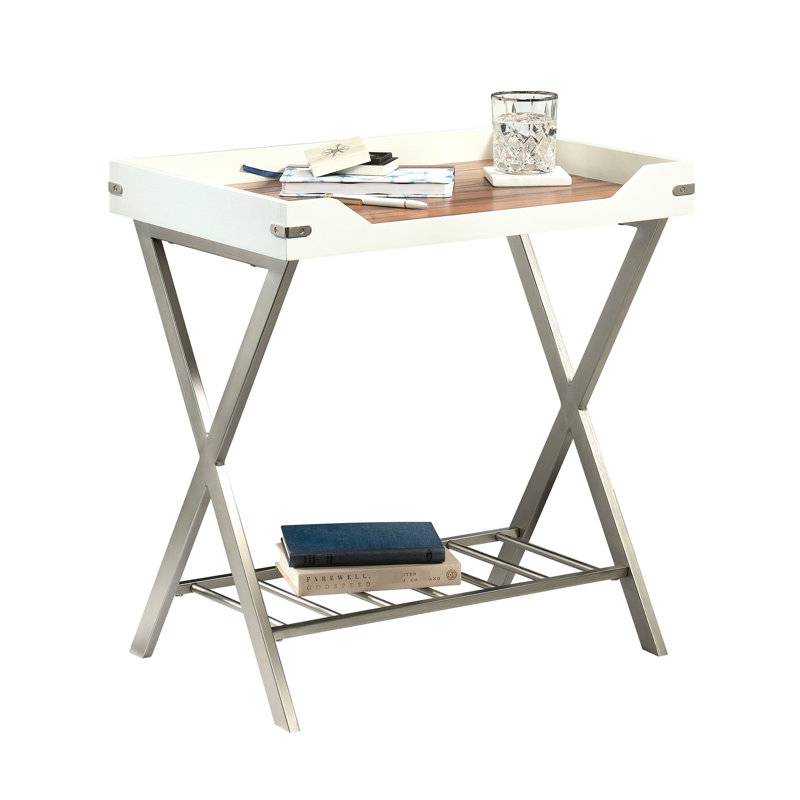 Table de bout rectangulaire blanche Annais avec structure en métal, plateau attaché et tablette inférieure pour rangement intérieur