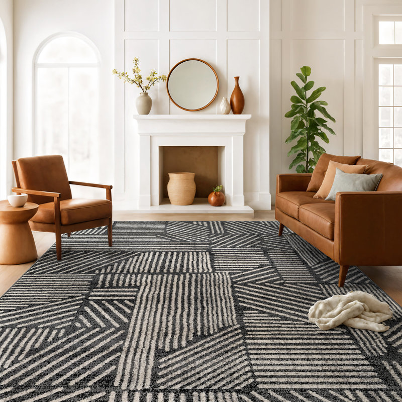 Rambo Geometric Black/Ivory Area Rug, Rectangle 5' x 7', Gray