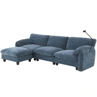 108 Inch L-Shape Modular Sectional Sofa With Extra-Wide Seat, USB And Type-C Charging, Phone Holder, And Side Storage Pockets, Free Movement Ottoman, Striped Chenille