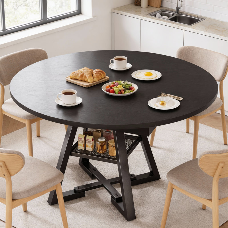 47"-61" Extendable Dining Table for 4-8, Modern Industrial Round to Oval Kitchen Table with Hidden Storage Shelf, Space-Saving Pedestal Base for Small Apartment & Living Room