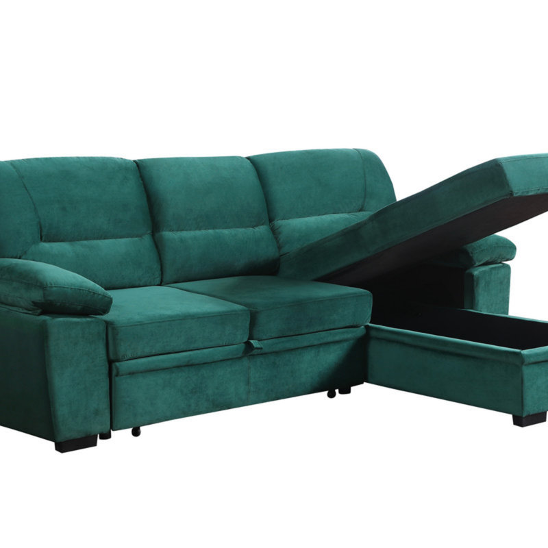Velvet Fabric Reversible Sleeper Sectional Sofa Chaise, Green