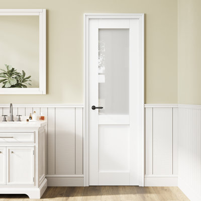 24 x 80 Half-Lite Frosted Glass Slab Door,  Interior Tempered Ceramic Frit Glass Door Slab, White Primed/Prefinished, Solid Core Standard Door, Pantry Door, Room Door
