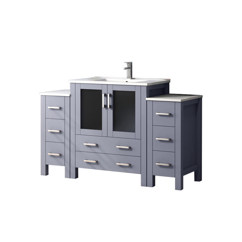 Meuble-lavabo simple 54 po L, couleur gris foncé, comptoir en céramique blanche, robinet, tiroirs à fermeture en douceur et rangement intérieur de l'armoire avec baignoire, surface de travail pour une utilisation durable