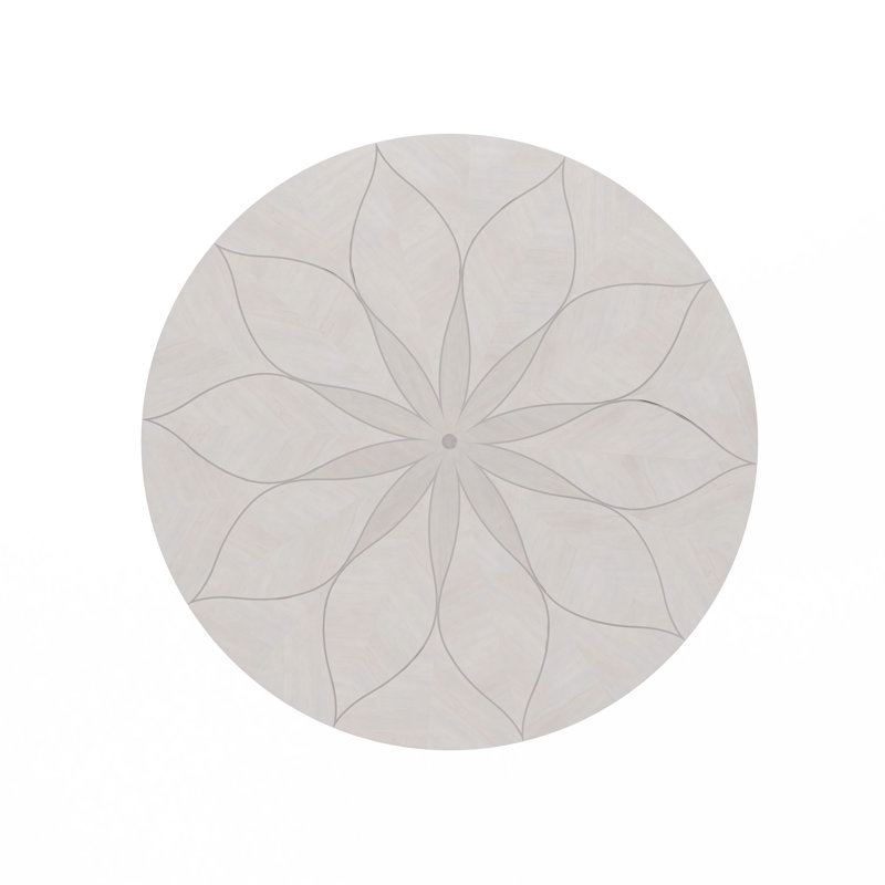 Dove Gray Round Wood Dining Table with Floral Inlay, Seats Six