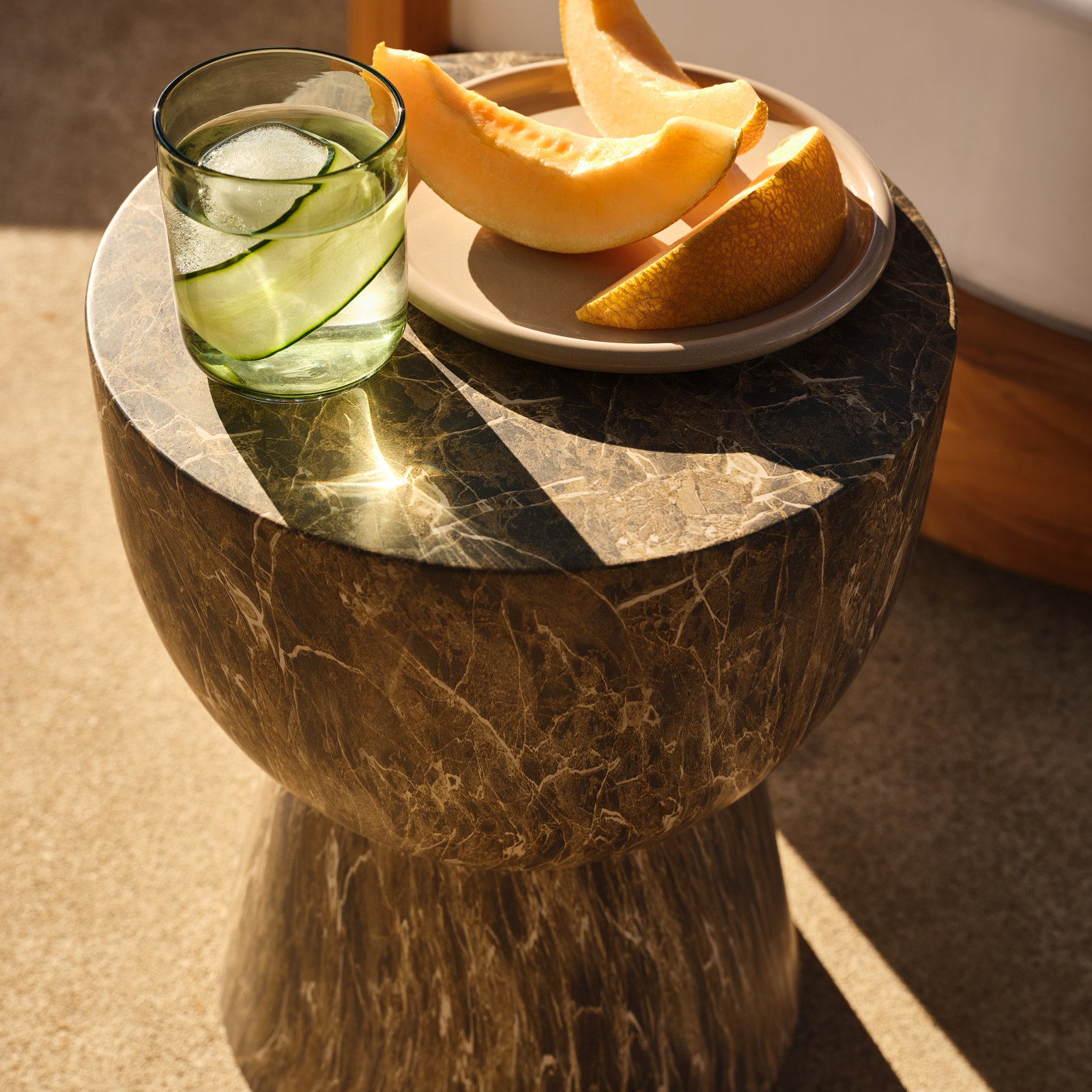 Zofia Composite Drum Black Marble Accent Table, Granite