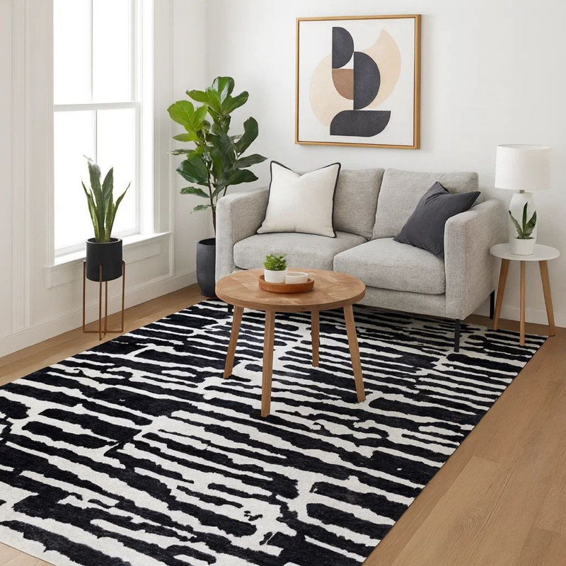 Tapis Shawn 5 x 7, polyester à motif abstrait noir et blanc, dos en coton, 5 po x 7 po