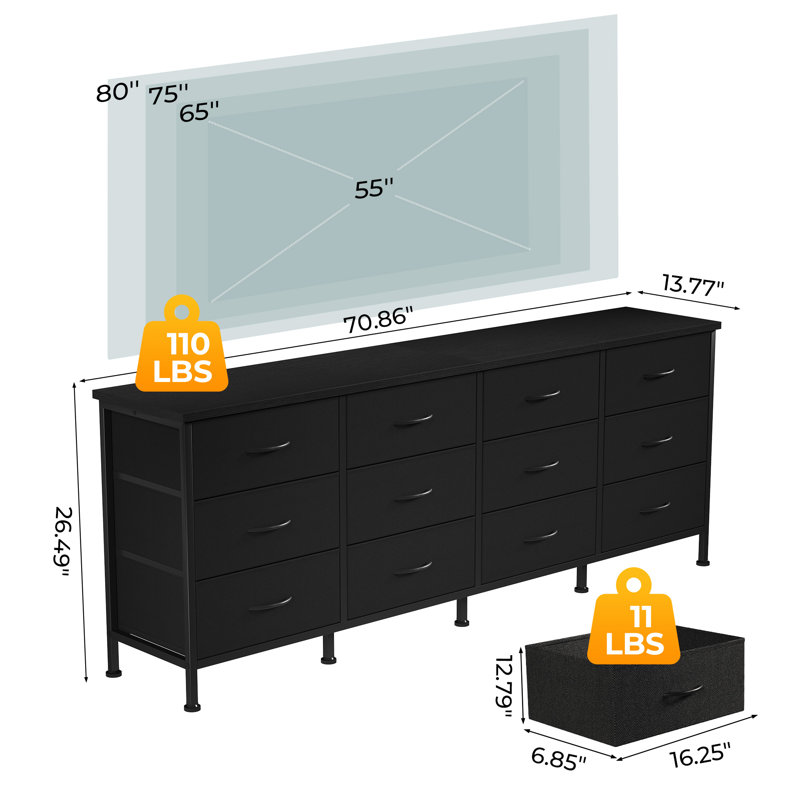 12-Drawer Dresser Chest of Drawers, Large Storage Dresser Cabinet/ TV Stand for 65-80" TV, Black