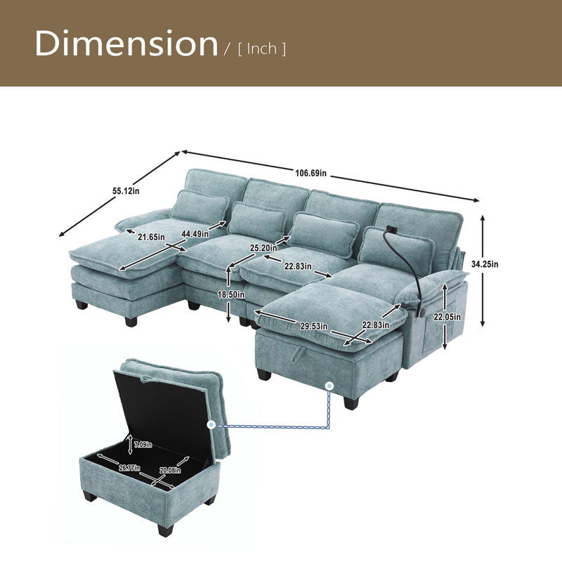 106" U Shape Sectional Sofa Cloud Couch For Living Room, Upholstery Comfy Modular Sofas, 4 Seat Chenille U-Shaped Sleeper Sofa With Chaise Lounge