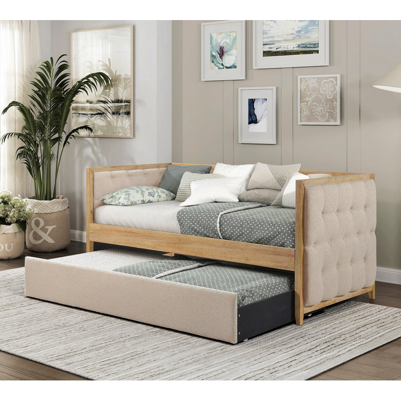 Lit de jour moderne 1pc avec lit gigogne escamotable beige Boucle touffeté chambre à coucher Mobilier de style transitionnel finition naturelle
