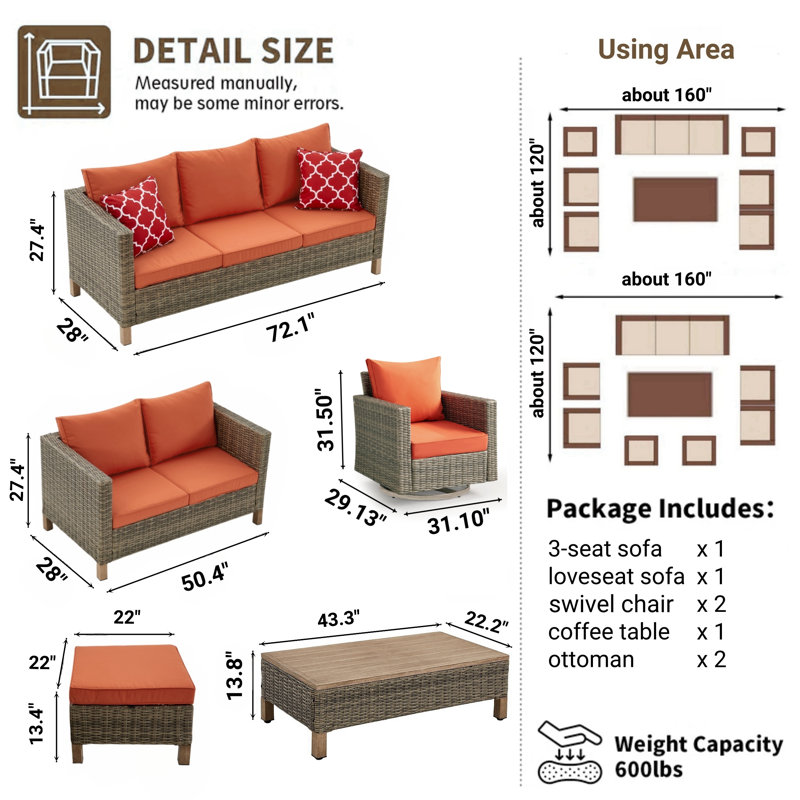 Ensemble de conversation pour patio 7 pièces en osier avec chaises pivotantes, Orange