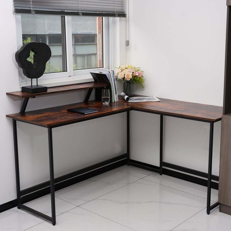 Cadmore L-Shaped Metal Base Computer Desk, Brown