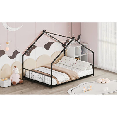 Enchanting House Bed avec toit et lumières complètes, cadre de lit en métal avec lattes et pieds, idéal pour créer une chambre d'enfant magique