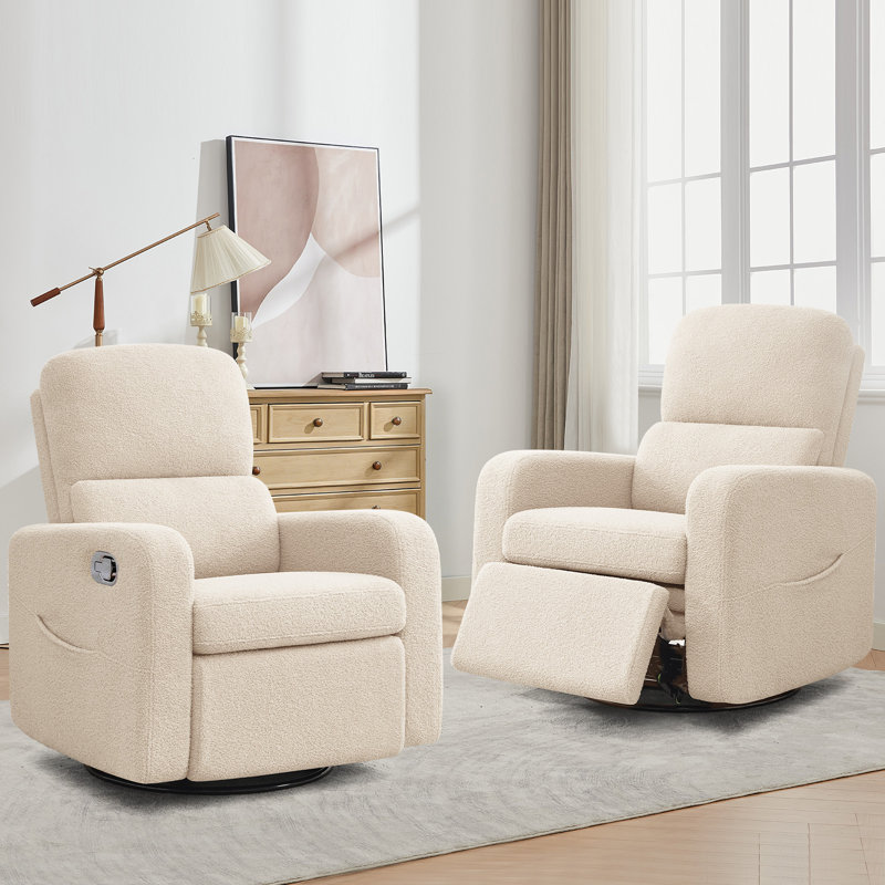 Reiby 36" Teddy Boucle Swivel Rocker Glider Recliner with Wider Armrest and Double Pocket, 360" Swivel Nursery Glider Recliner